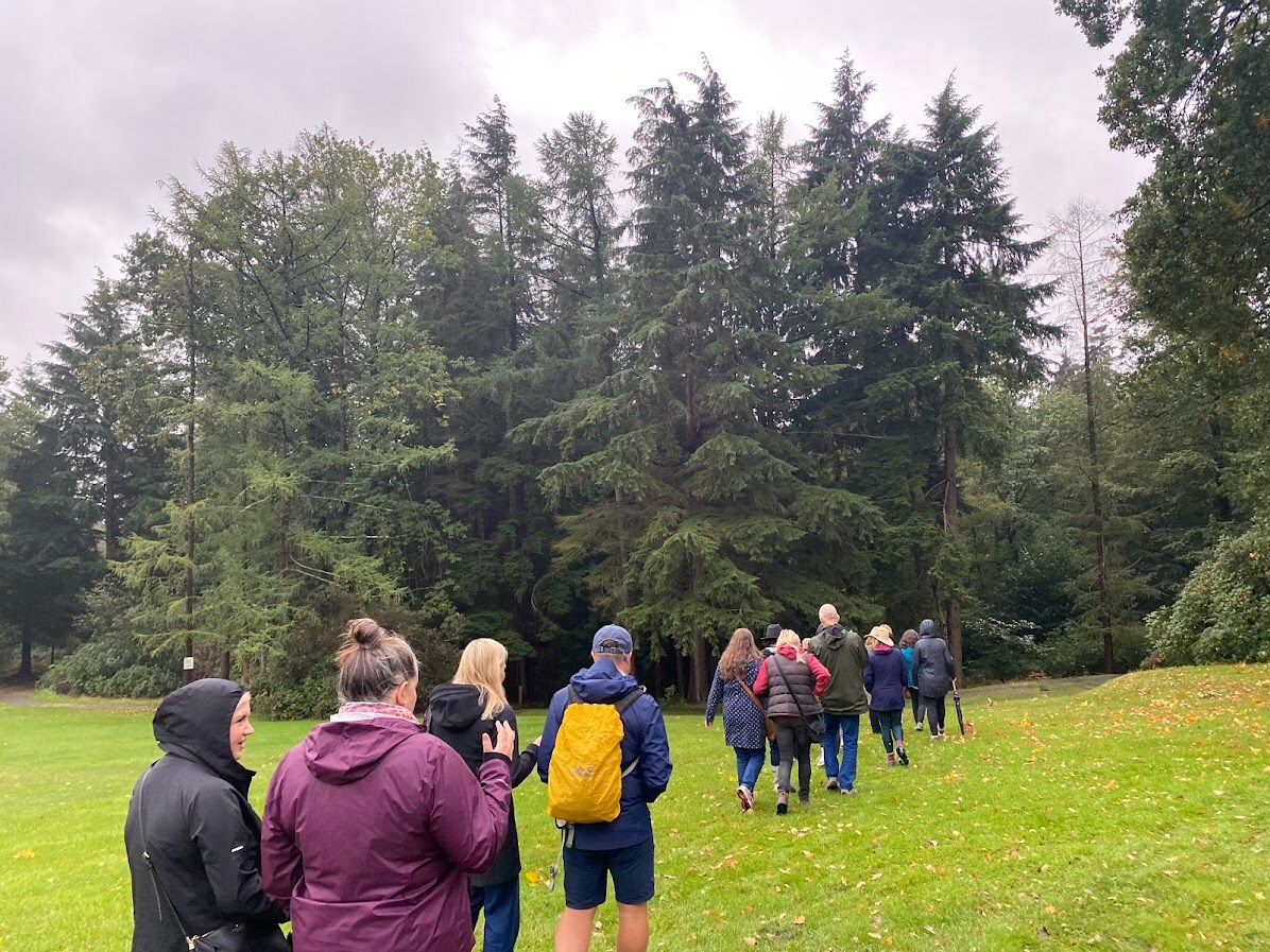 A group of people loosely in pairs all walking towards a forest